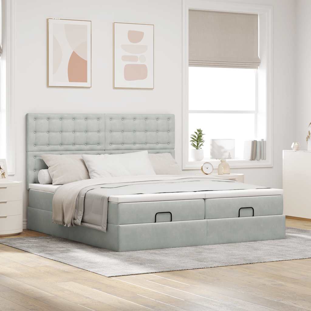 Cadre de lit ottoman et matelas gris clair 160x200cm velours - XIOS
