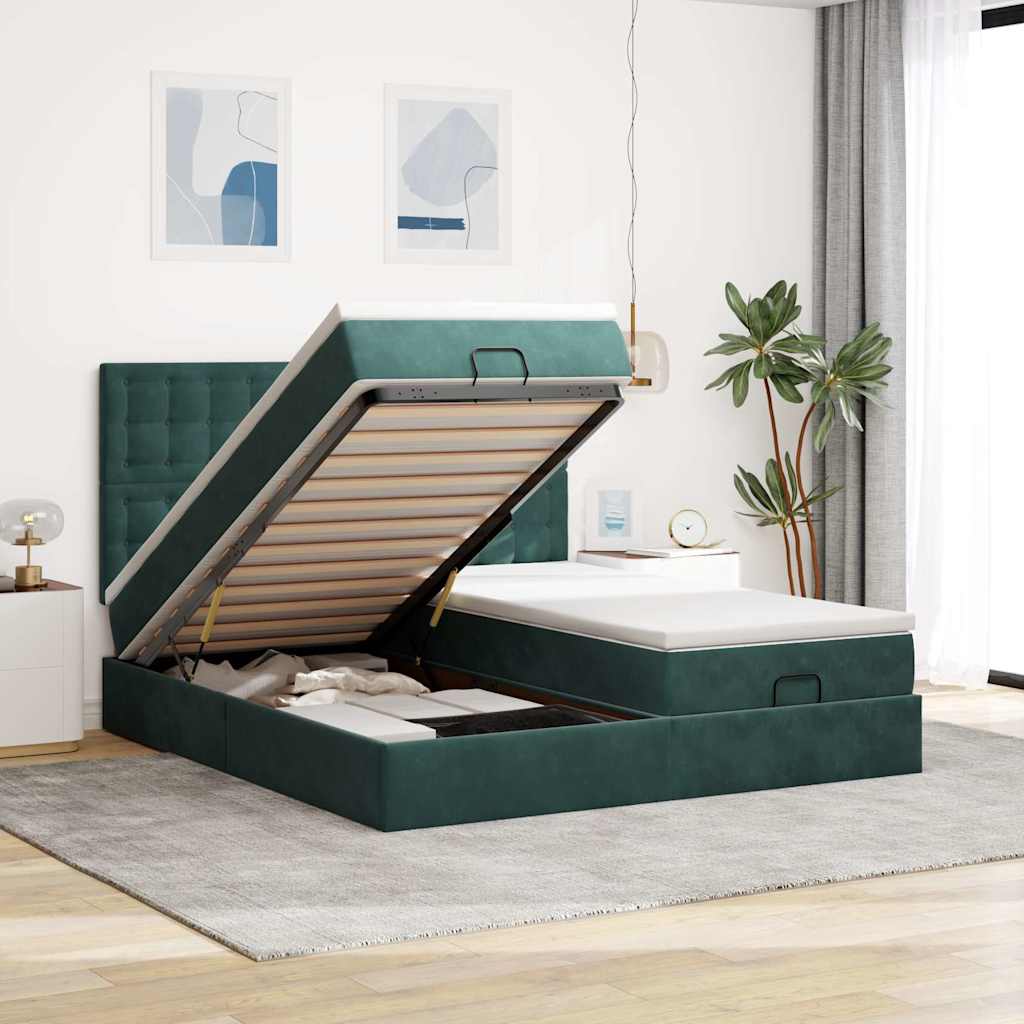 Cadre de lit ottoman avec matelas vert foncé 160x200 cm velours - XIOS
