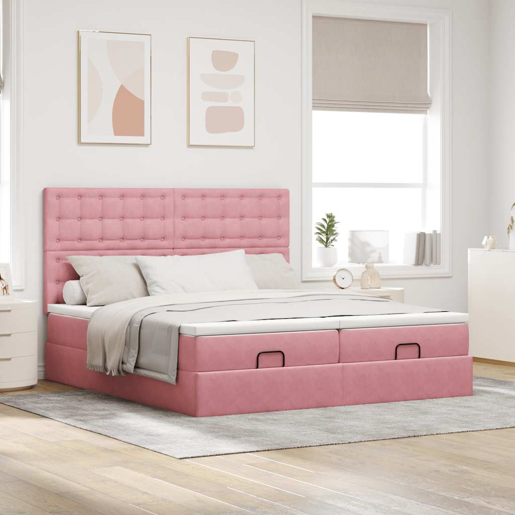 Cadre de lit ottoman avec matelas rose 160x200 cm velours - XIOS