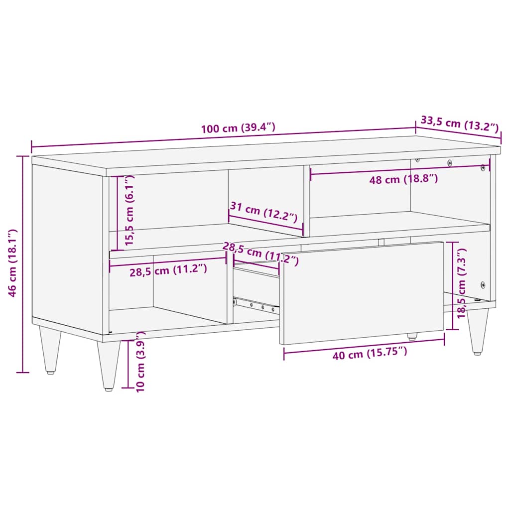 Meuble TV 100x33,5x46 cm bois massif de manguier - XIOS