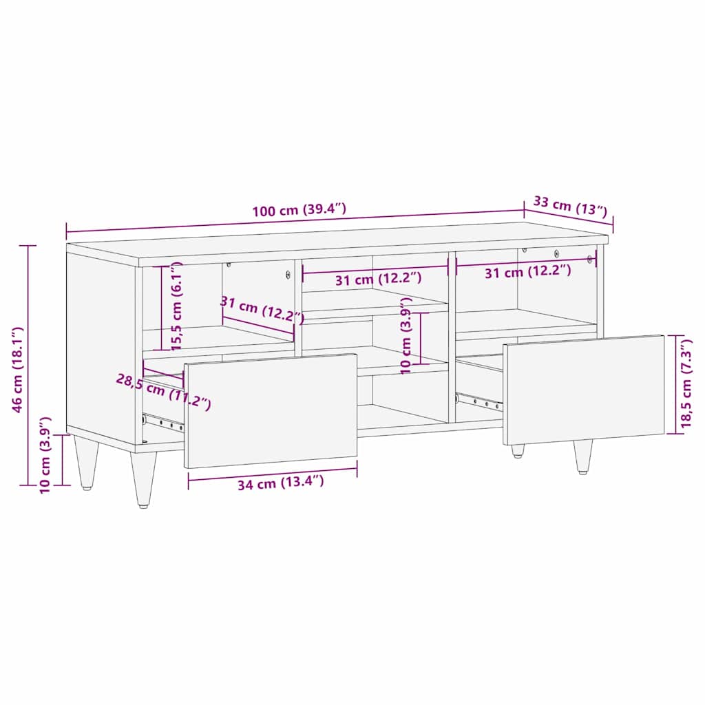 Meuble TV Marron 100 x 33.5 x 46 cm Bois de manguier massif - XIOS