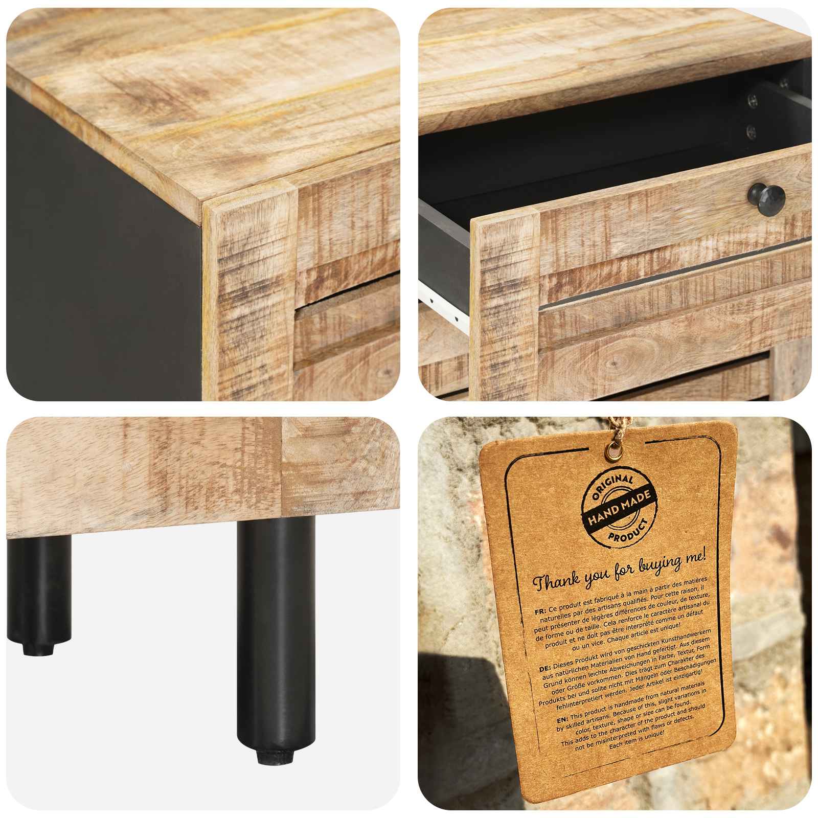 Table de chevet Naturel 50 x 33 x 60 cm Bois de mangue massif