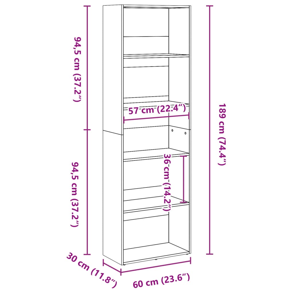 Bibliothèque vieux bois 60x30x189 cm bois d'ingénierie - XIOS