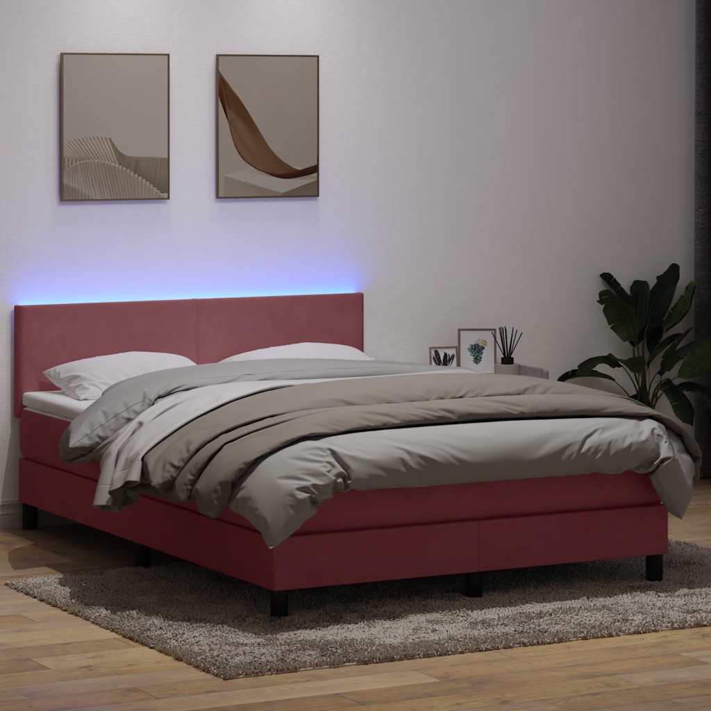 Sommier à lattes de lit avec matelas et LED rose 140x210 cm velours