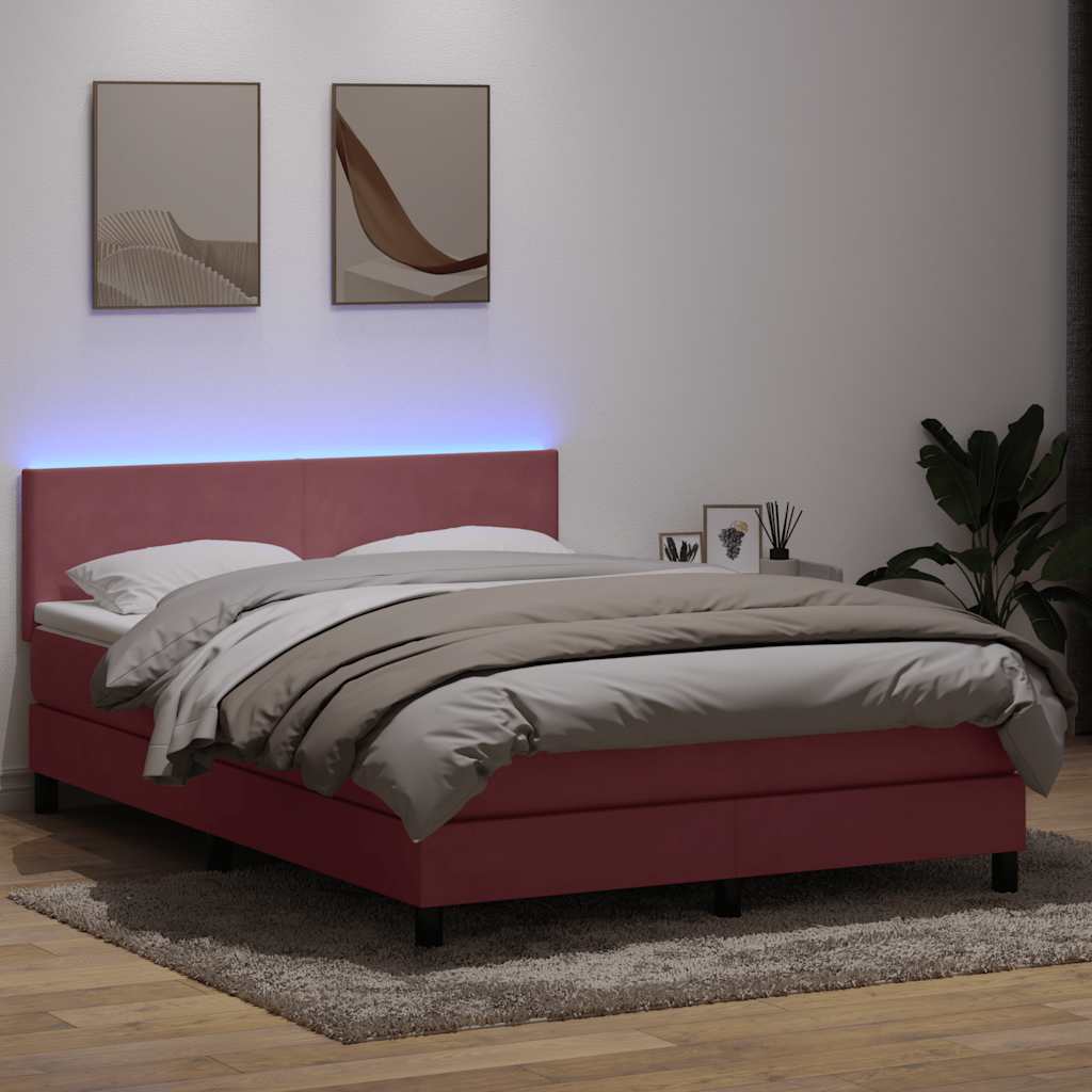 Sommier à lattes de lit avec matelas et LED rose 140x220 cm velours