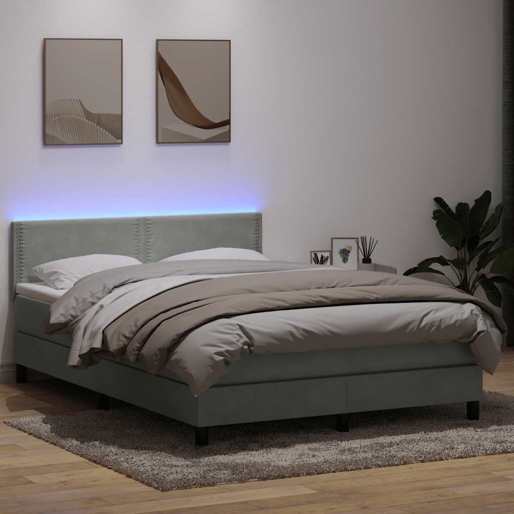 Sommier à lattes de lit et matelas et LED gris clair 140x210cm velours - XIOS