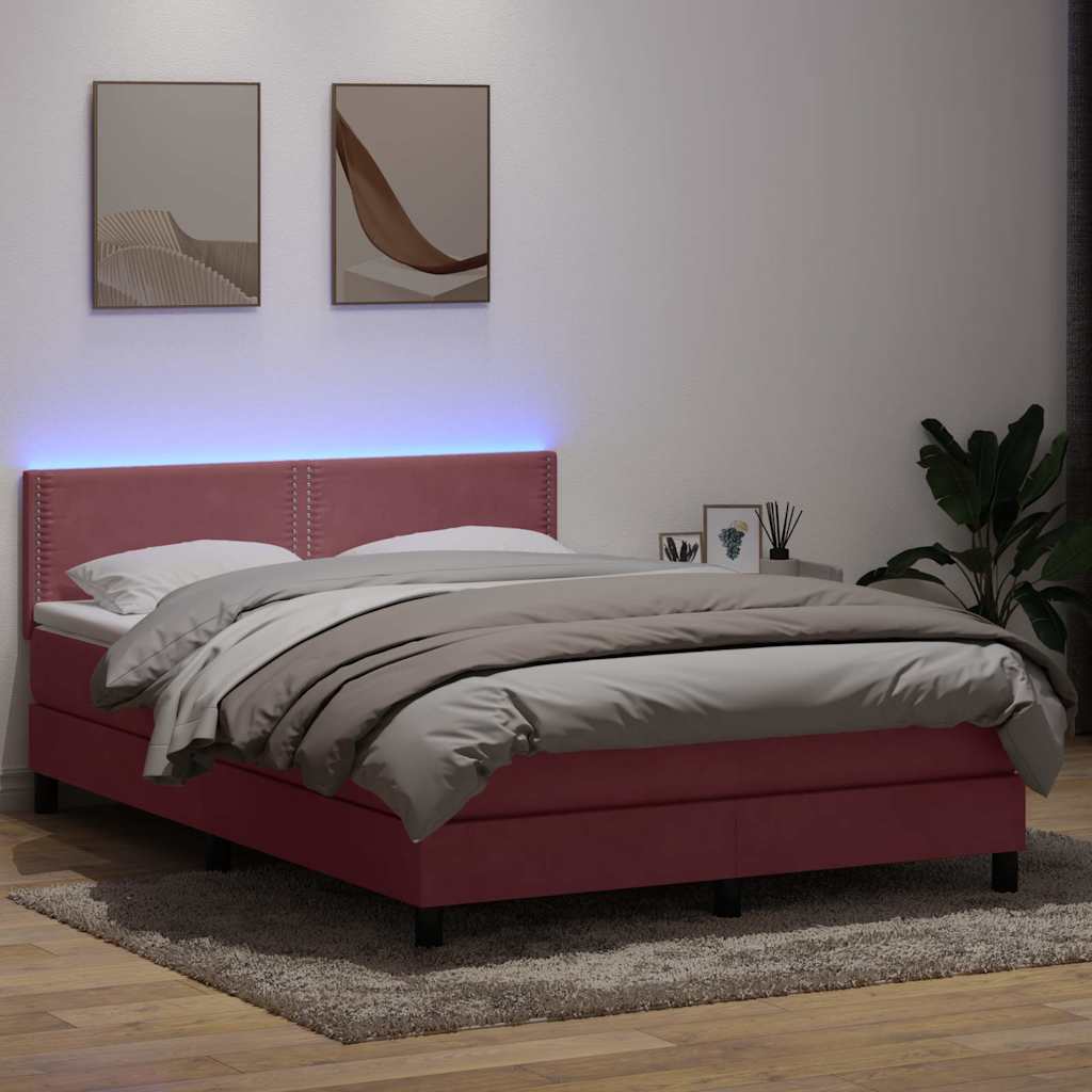 Sommier à lattes de lit avec matelas et LED rose 160x220 cm velours - XIOS