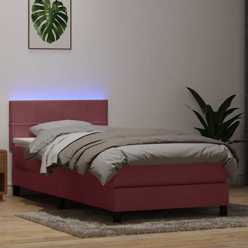 Sommier à lattes de lit avec matelas et LED rose 80x220 cm velours