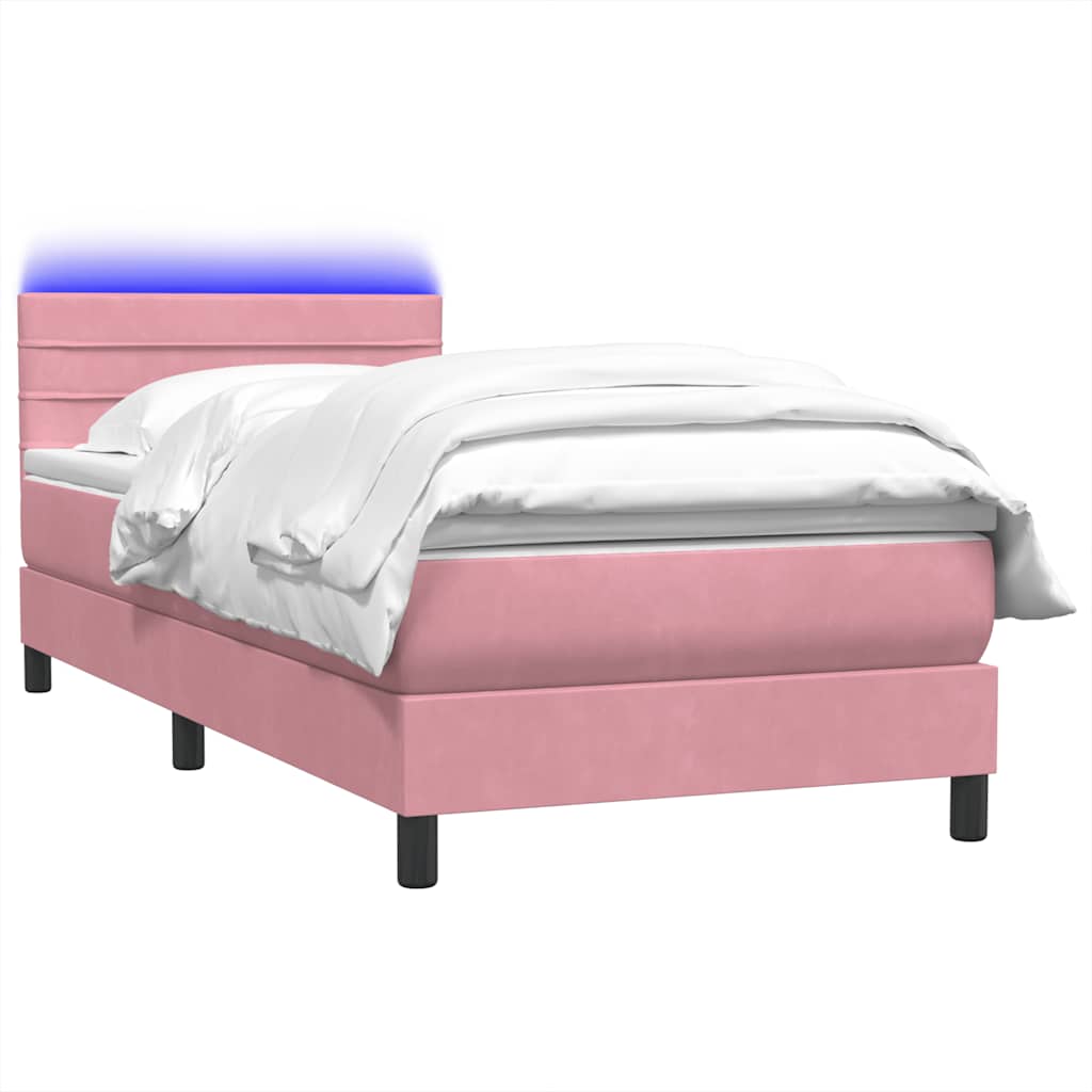 Sommier à lattes de lit avec matelas et LED rose 90x210 cm velours