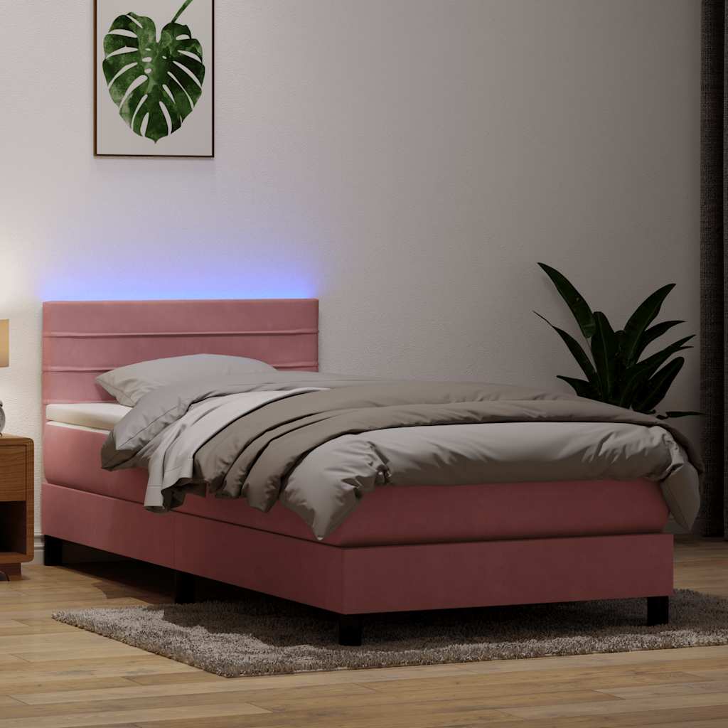 Sommier à lattes de lit avec matelas et LED rose 90x210 cm velours - XIOS