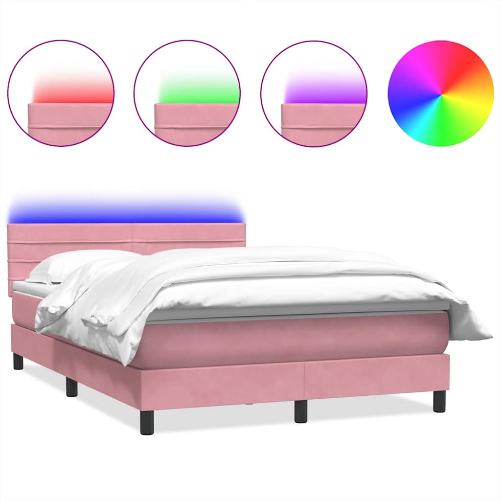 Sommier à lattes de lit avec matelas et LED rose 140x210 cm velours
