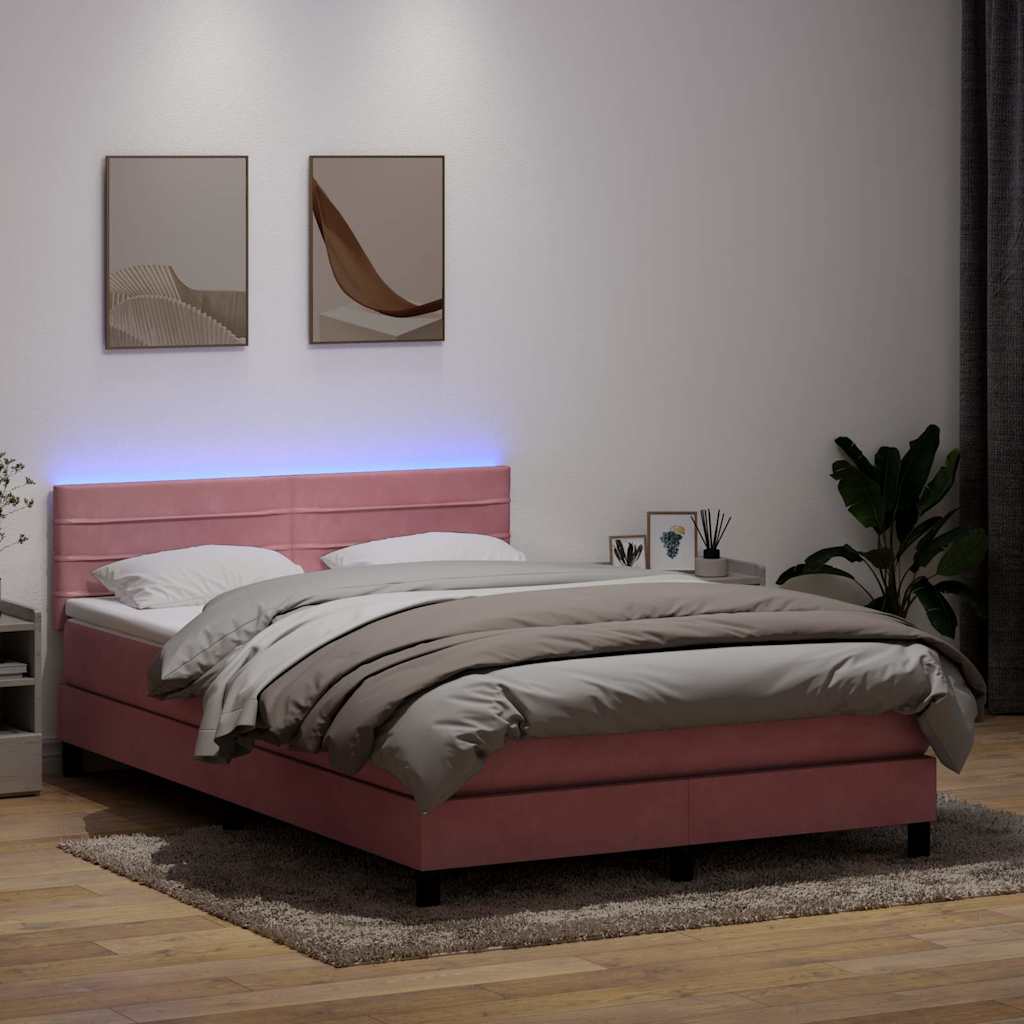 Sommier à lattes de lit avec matelas et LED rose 140x220 cm velours - XIOS