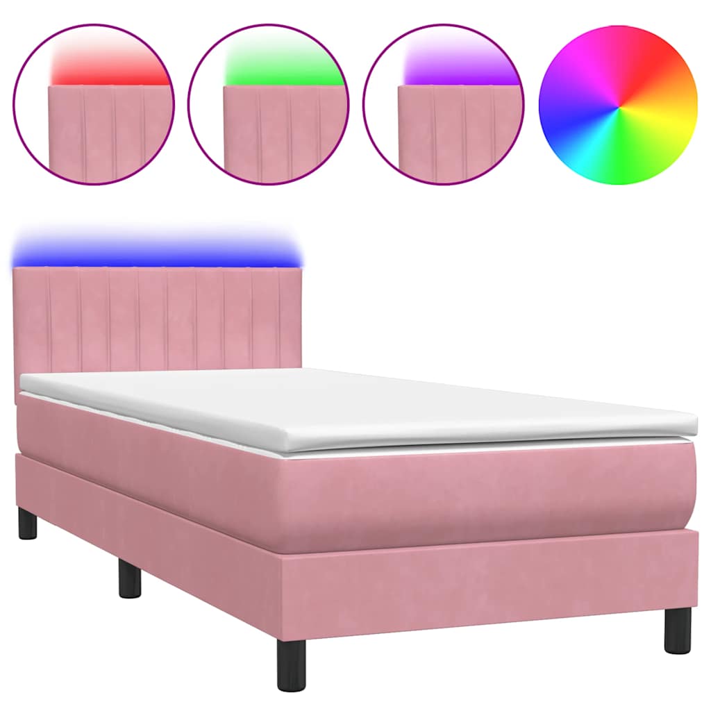 Sommier à lattes de lit avec matelas et LED rose 90x210 cm velours - XIOS