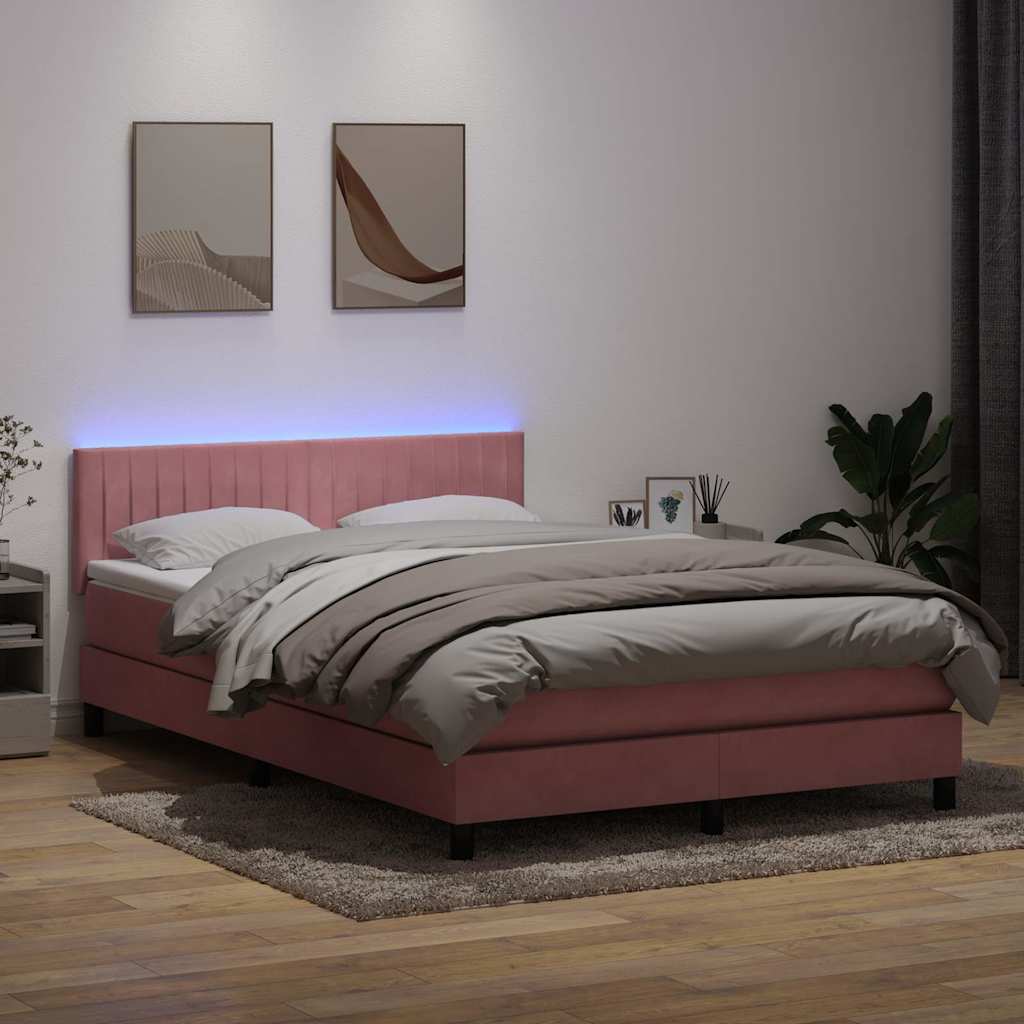 Sommier à lattes de lit avec matelas et LED rose 140x210 cm velours