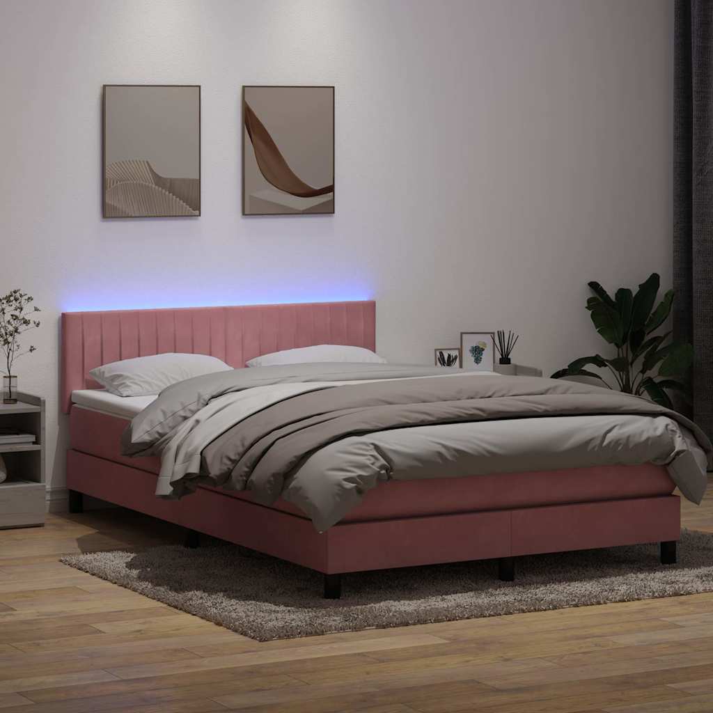 Sommier à lattes de lit avec matelas et LED rose 160x210 cm velours