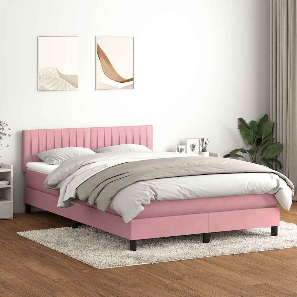 Sommier à lattes de lit avec matelas et LED rose 140x220 cm velours