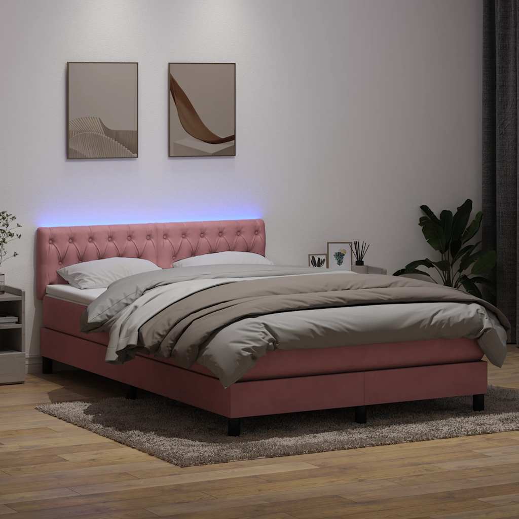 Sommier à lattes de lit avec matelas et LED rose 140x210 cm velours