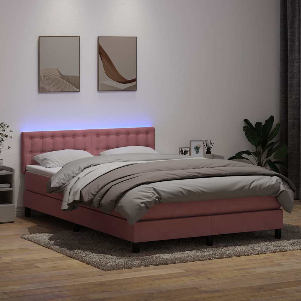 Sommier à lattes de lit avec matelas et LED rose 140x210 cm velours - XIOS