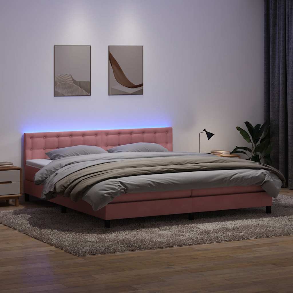 Sommier à lattes de lit avec matelas et LED rose 180x210 cm velours - XIOS