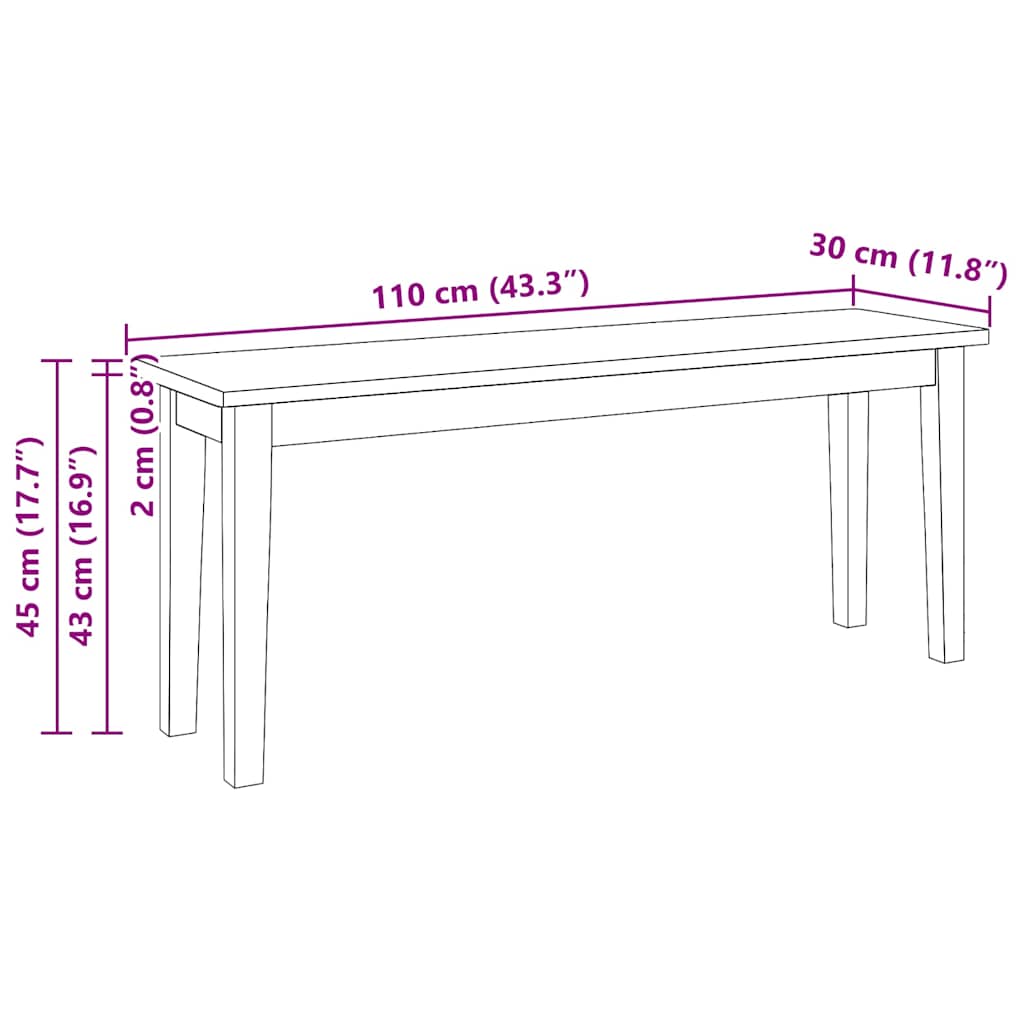 Banc 110 cm bois massif caoutchouc