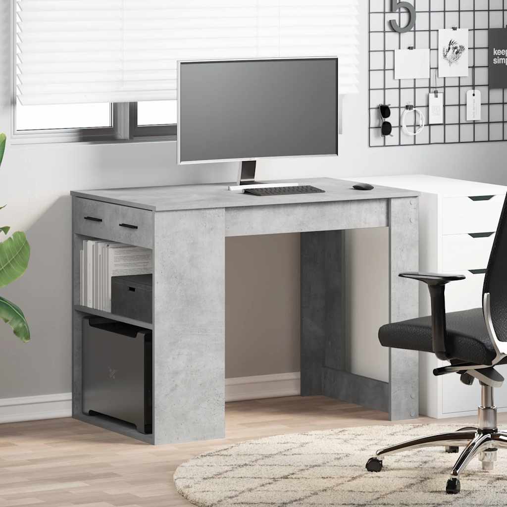 Bureau avec tiroir et étagère gris béton bois d'ingénierie - XIOS