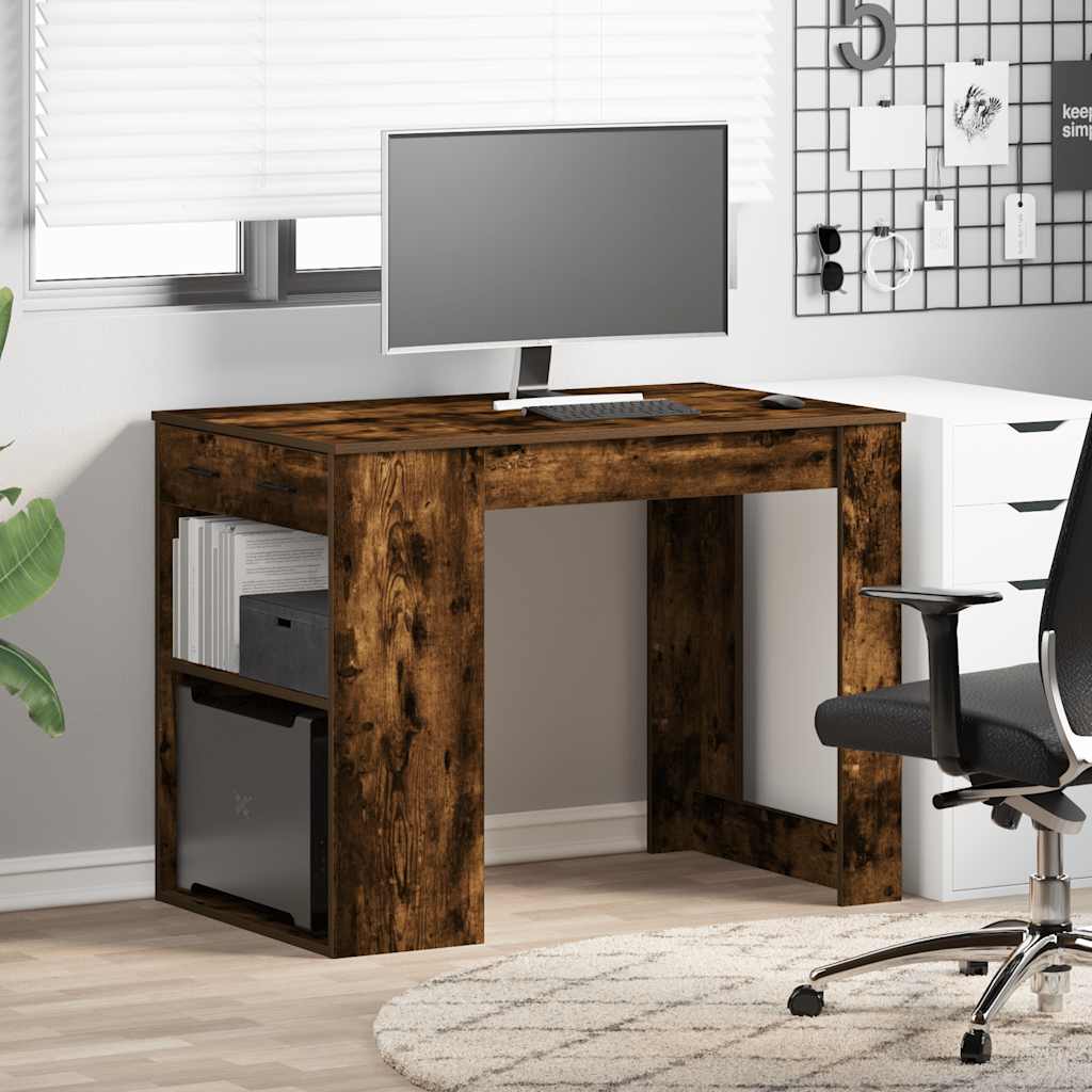 Bureau avec tiroir et étagère chêne fumé bois d'ingénierie - XIOS