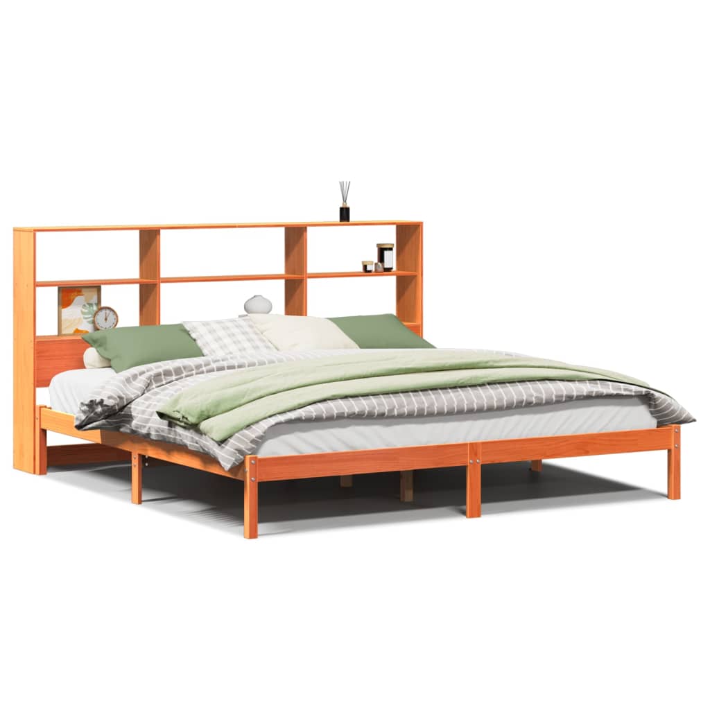 Lit bibliothèque sans matelas cire marron 200x200 cm pin massif - XIOS