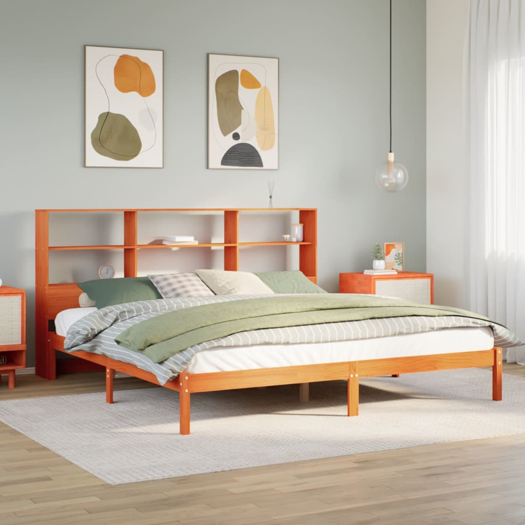 Lit bibliothèque sans matelas cire marron 200x200 cm pin massif - XIOS