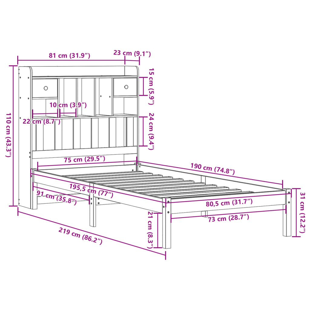 Lit bibliothèque sans matelas 75x190 cm bois de pin massif - XIOS