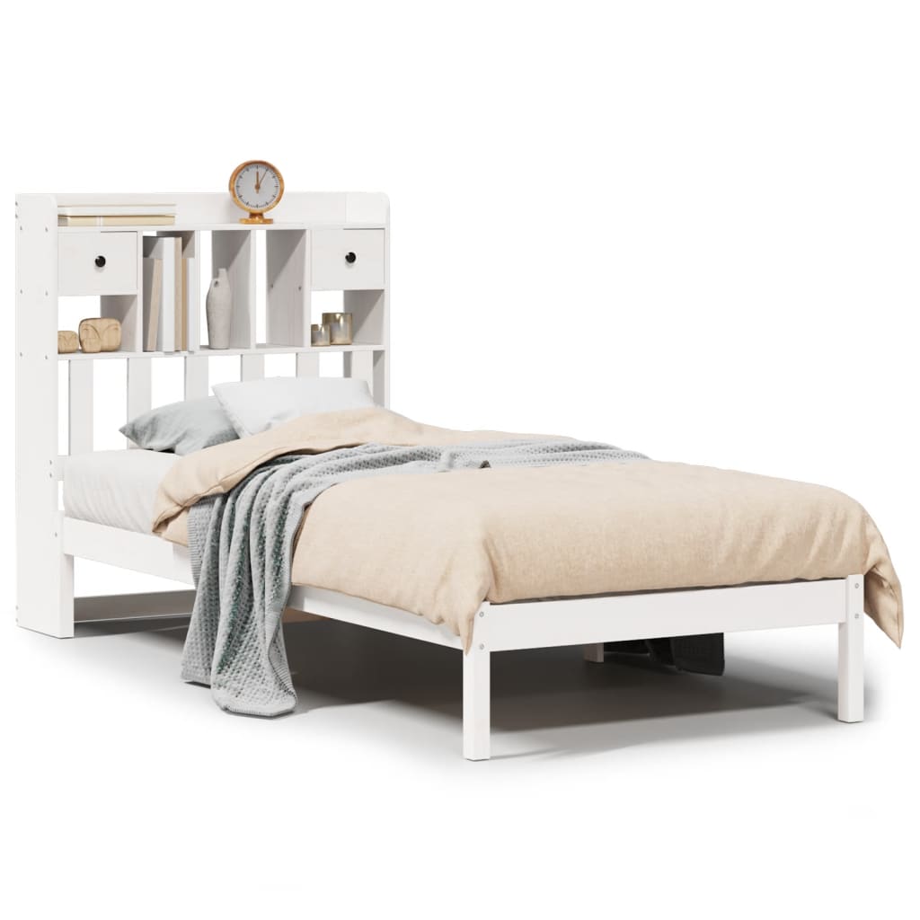 Lit bibliothèque sans matelas blanc 90x200cm bois de pin massif - XIOS