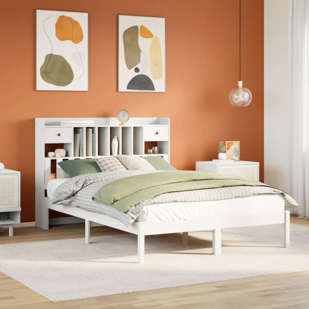 Lit bibliothèque sans matelas blanc 160x200 cm bois pin massif - XIOS