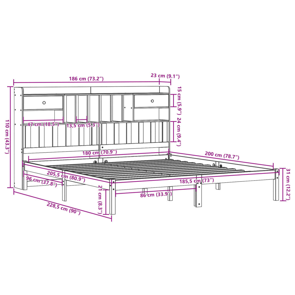 Lit bibliothèque sans matelas blanc 180x200 cm bois pin massif - XIOS