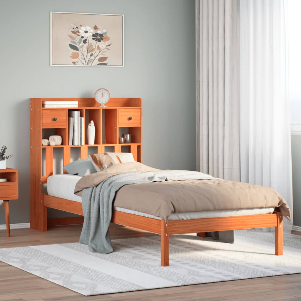 Lit bibliothèque sans matelas cire marron 75x190 cm pin massif - XIOS