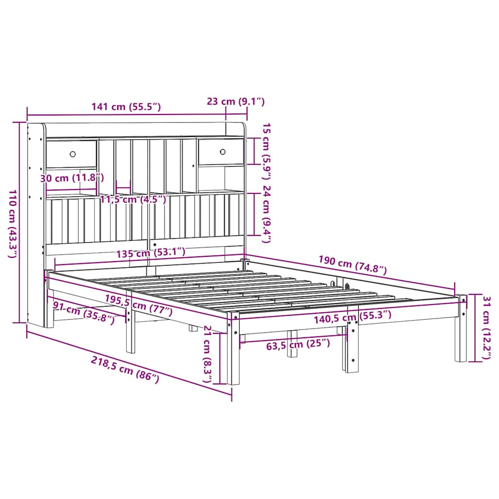 Lit bibliothèque sans matelas cire marron 135x190 cm pin massif - XIOS