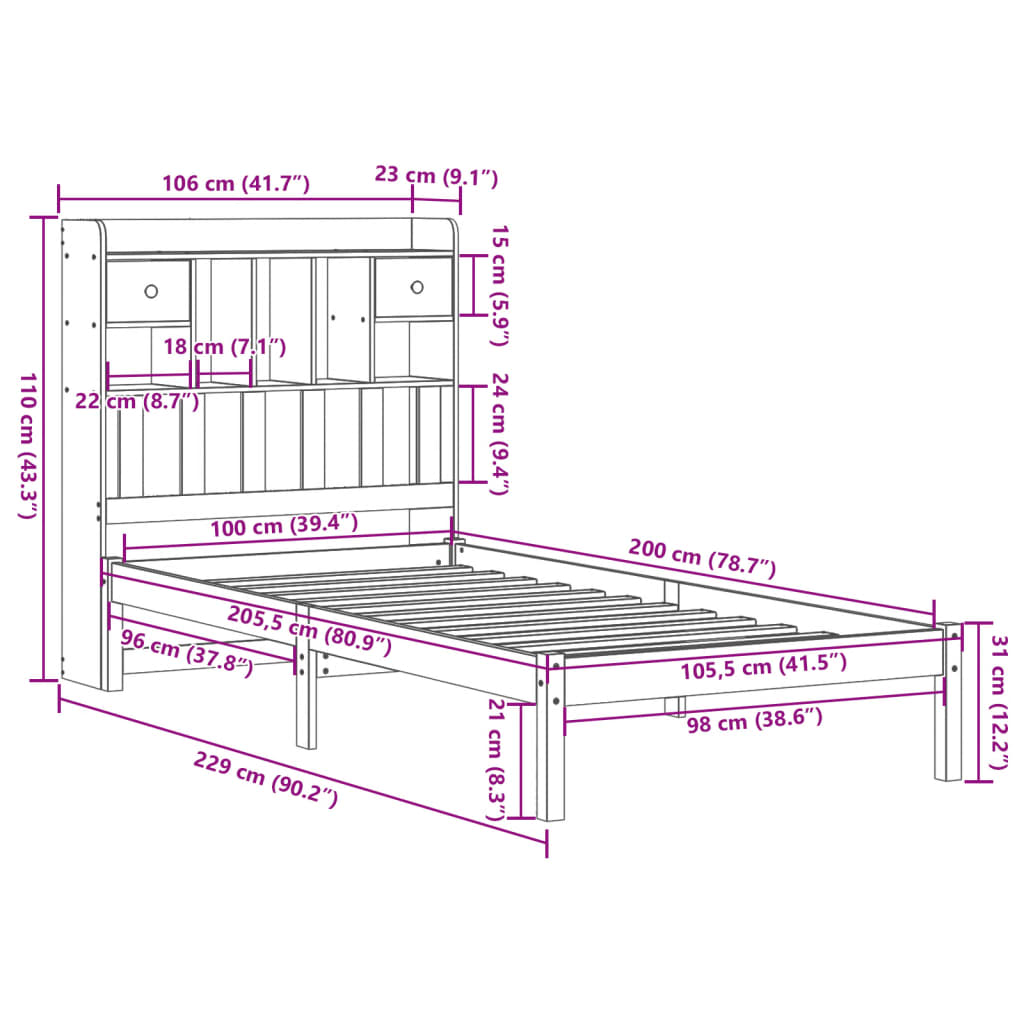 Lit bibliothèque sans matelas cire marron 100x200 cm pin massif - XIOS