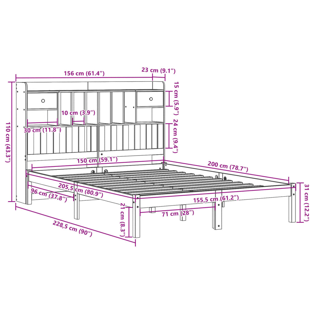 Lit bibliothèque sans matelas cire marron 150x200 cm pin massif - XIOS