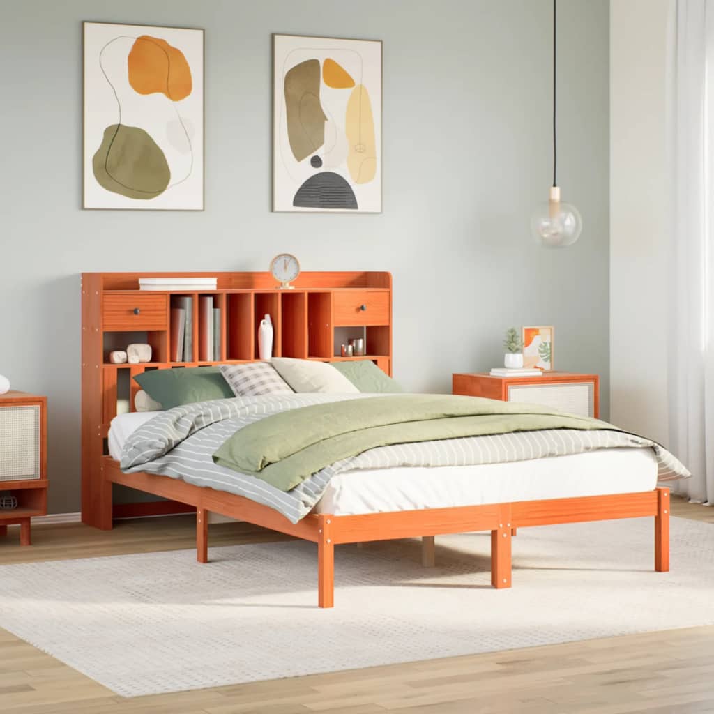 Lit bibliothèque sans matelas cire marron 150x200 cm pin massif - XIOS