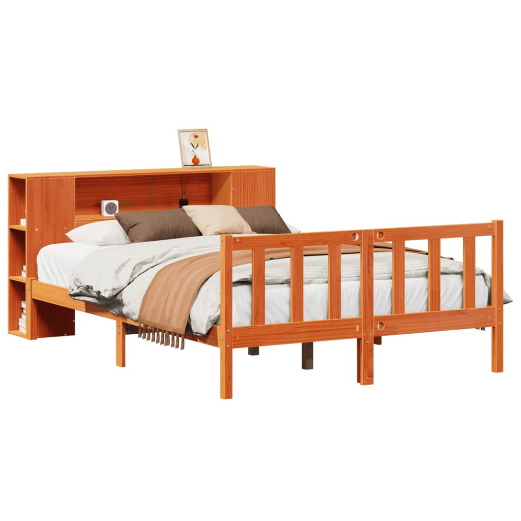 Lit bibliothèque sans matelas cire marron 140x200 cm pin massif