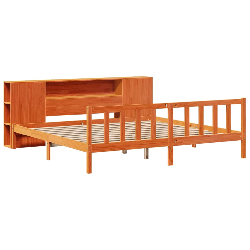 Lit bibliothèque sans matelas cire marron 200x200 cm pin massif