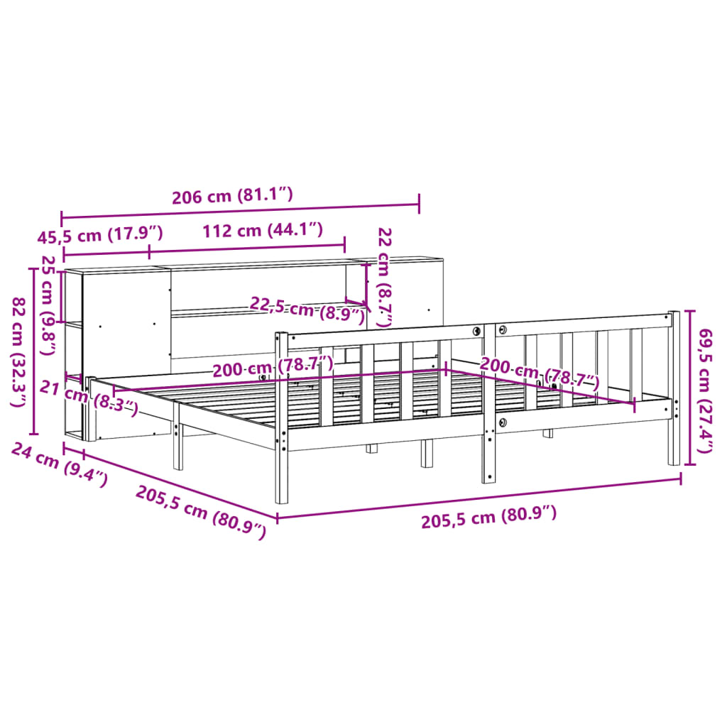 Lit bibliothèque sans matelas cire marron 200x200 cm pin massif