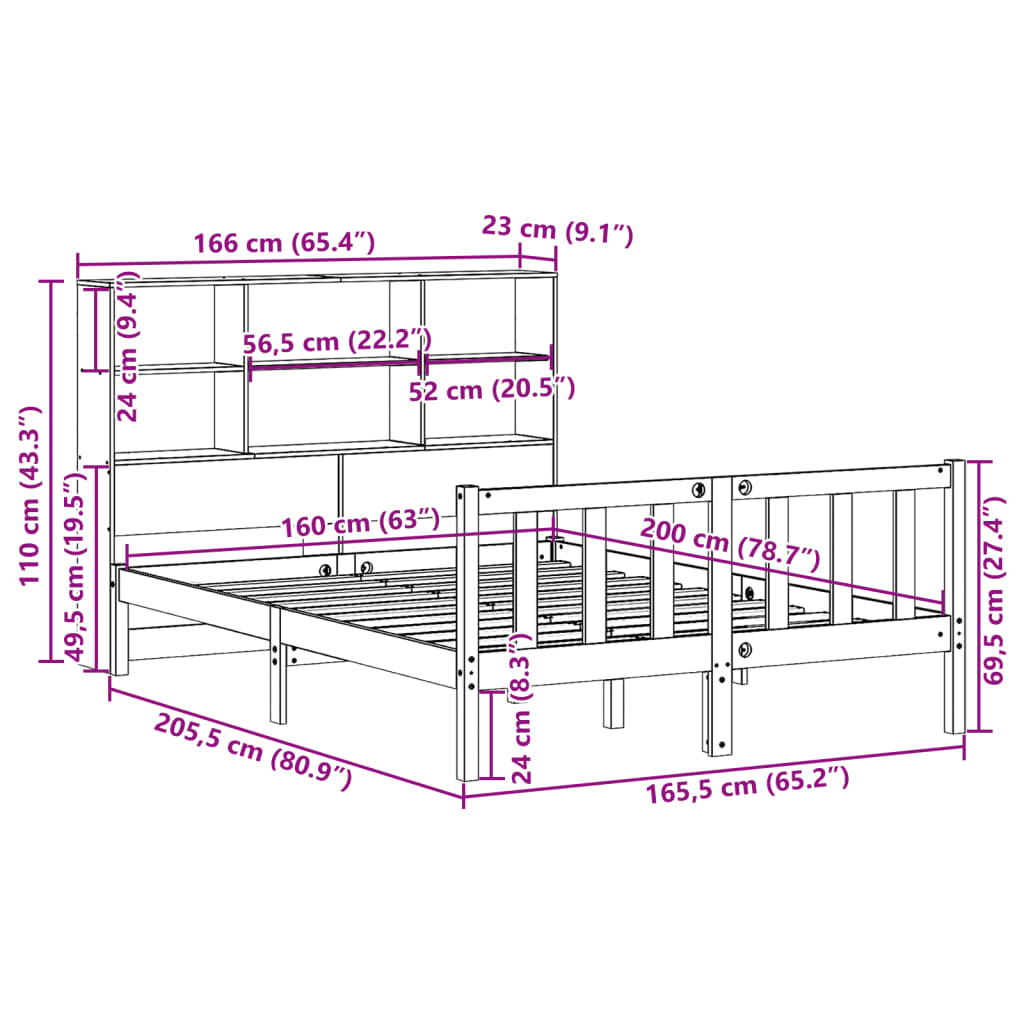 Lit bibliothèque sans matelas blanc 160x200 cm bois pin massif