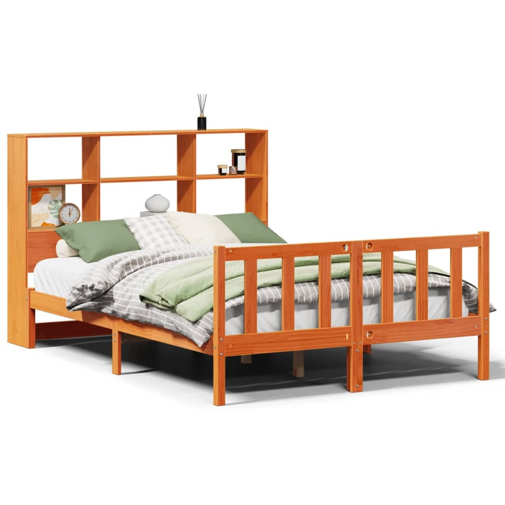 Lit bibliothèque sans matelas cire marron 150x200 cm pin massif