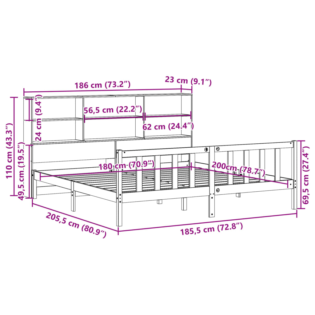 Lit bibliothèque sans matelas cire marron 180x200 cm pin massif