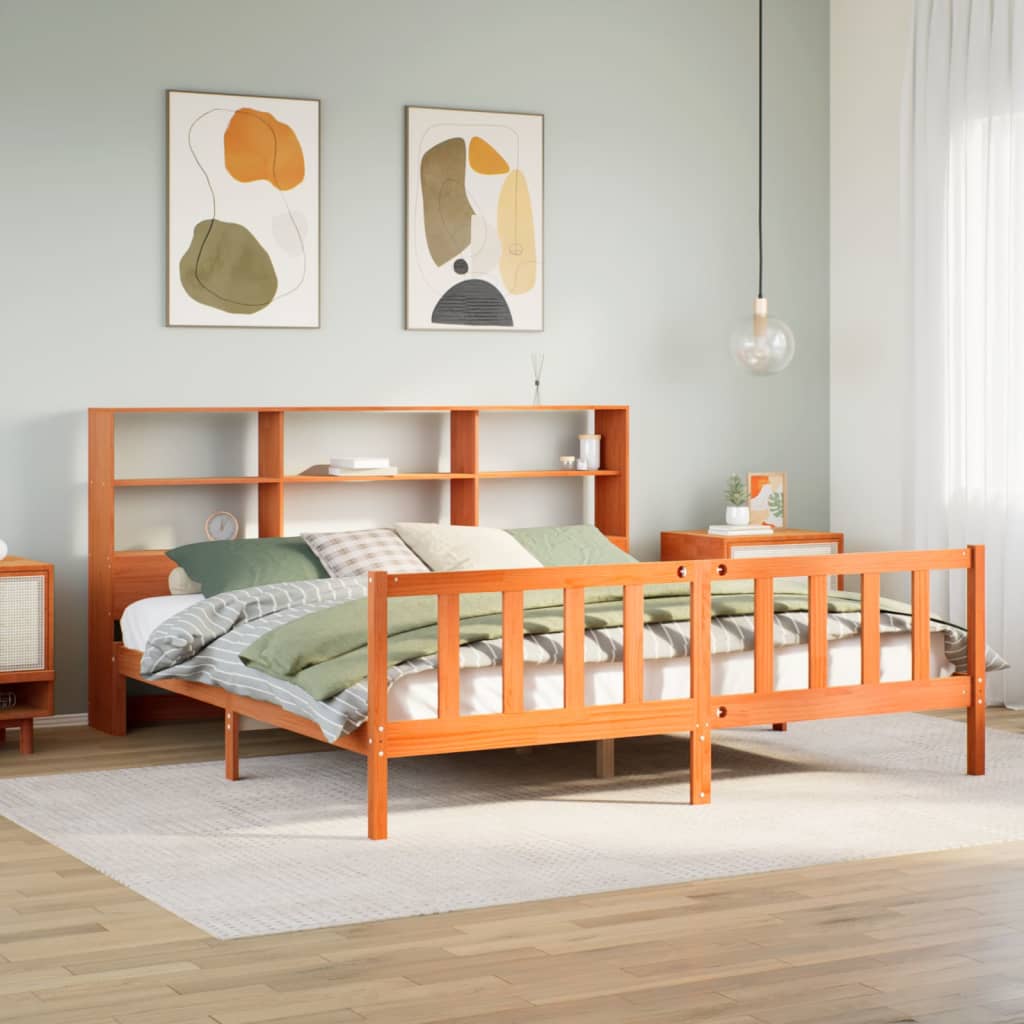 Lit bibliothèque sans matelas cire marron 200x200 cm pin massif