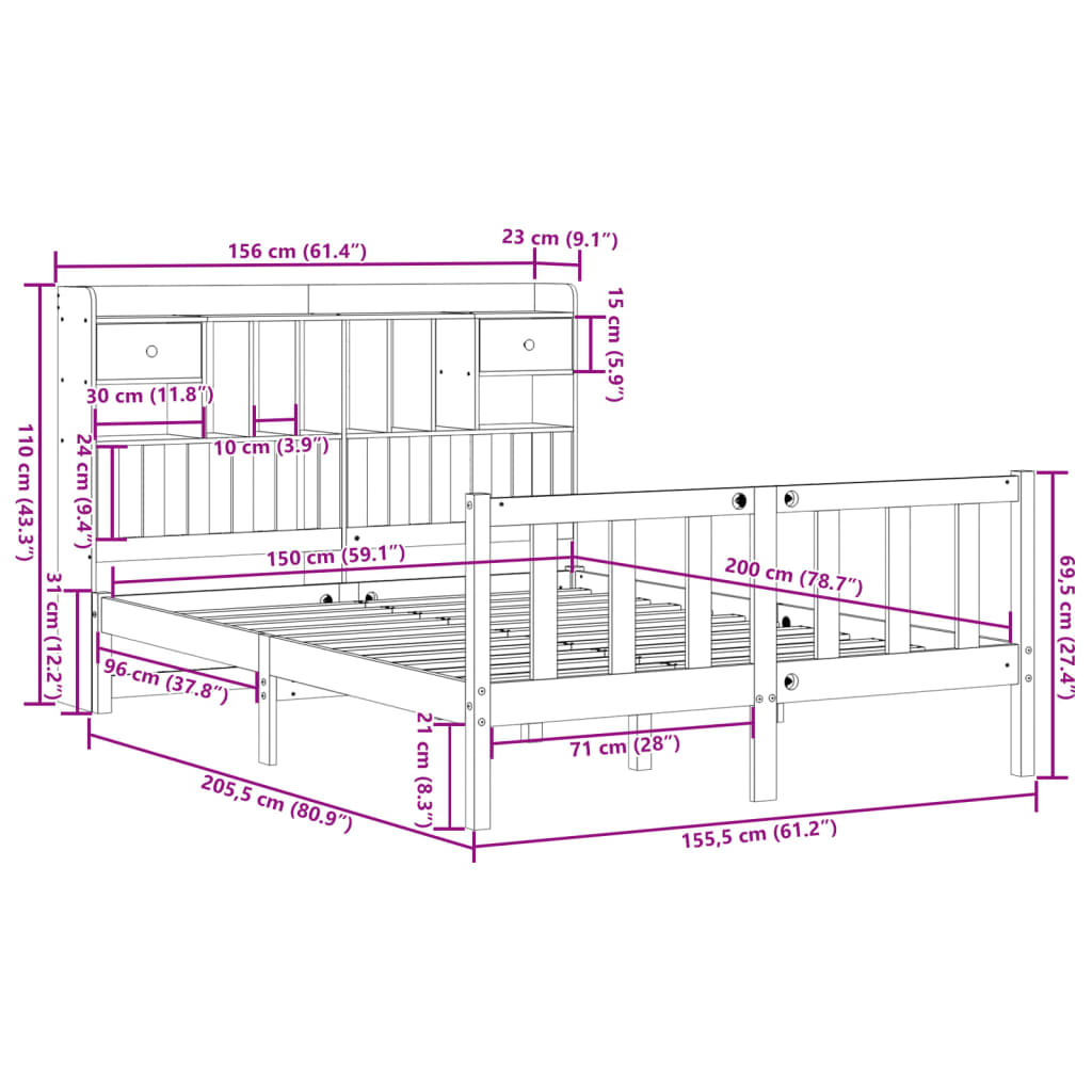 Lit bibliothèque sans matelas blanc 150x200 cm bois pin massif