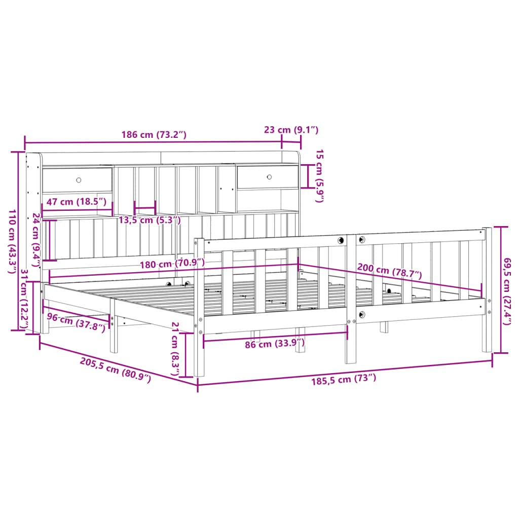 Lit bibliothèque sans matelas blanc 180x200 cm bois pin massif