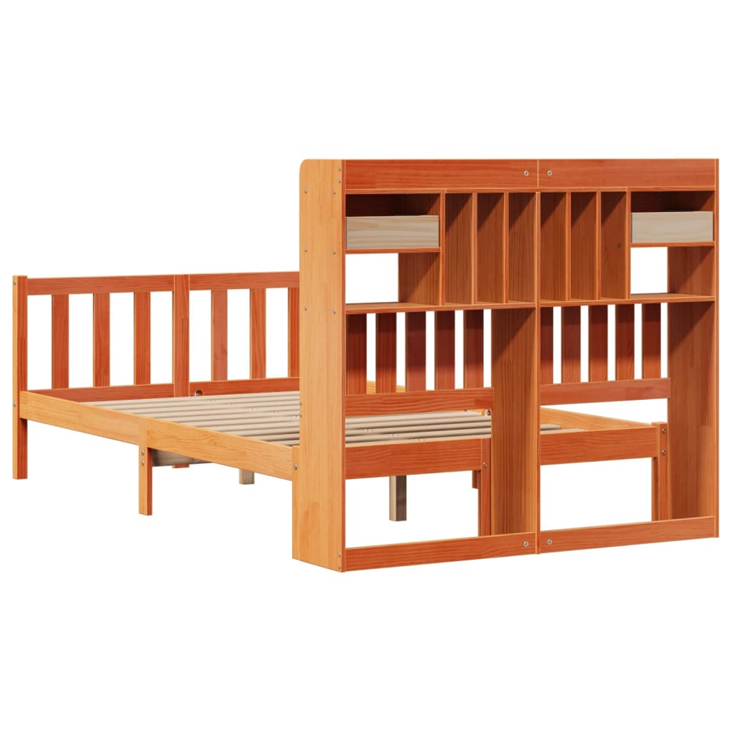 Lit bibliothèque sans matelas cire marron 135x190 cm pin massif