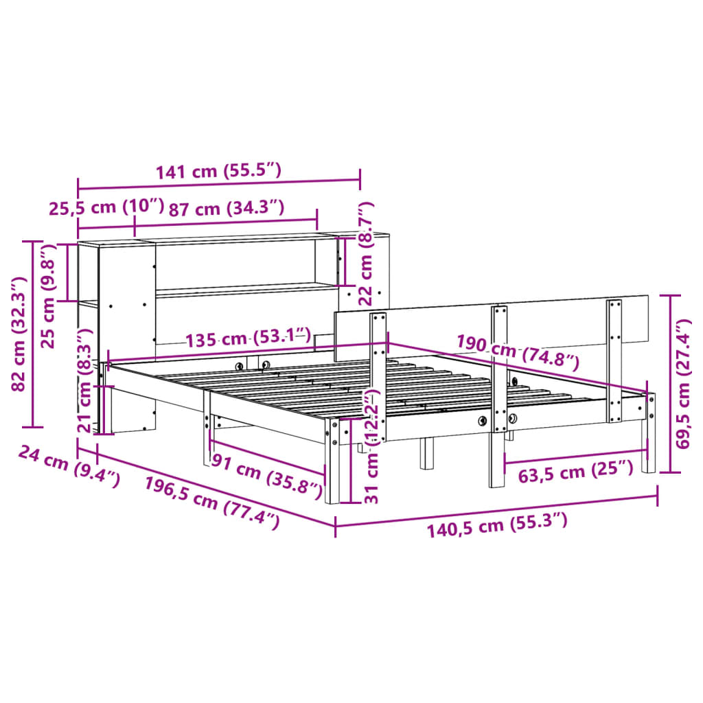 Lit bibliothèque sans matelas blanc 135x190 cm bois pin massif - XIOS