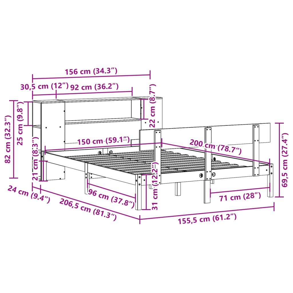 Lit bibliothèque sans matelas blanc 150x200 cm bois pin massif - XIOS