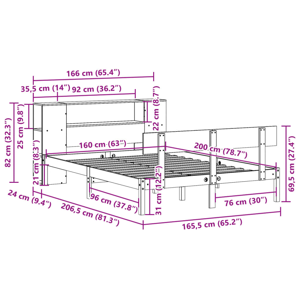Lit bibliothèque sans matelas blanc 160x200 cm bois pin massif - XIOS